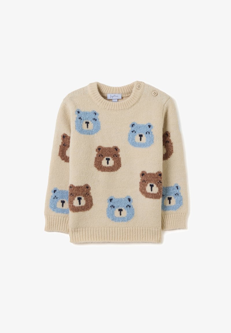 Maglione per bambini di colore crema a maglia, con facce di orsetti di peluche blu e marroni a motivo sul davanti e sulle maniche, caratterizzato da due bottoni sulle spalle.