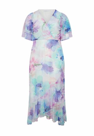 Pastelfarvet blomster wrap-kjole med V-hals, flagrende ærmer, flæset asymmetrisk kant og blødt blomsterprint i akvarelstil.