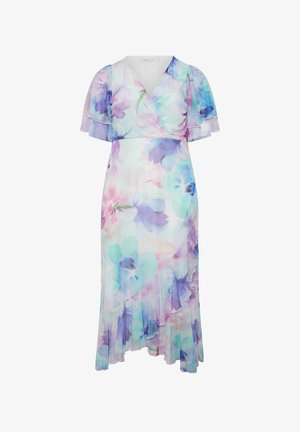 Pastelfarvet blomster wrap-kjole med V-hals, flagrende ærmer, flæset asymmetrisk kant og blødt blomsterprint i akvarelstil.