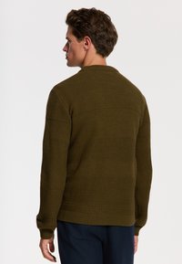 Mann mit kurzem braunem Haar, der einen olivgrünen strukturierten Strickpullover und marineblaue Hose trägt, von links auf einem schlichten weißen Hintergrund blickend.