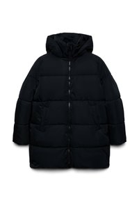 Piumino invernale nero con cappuccio, zip frontale e tasche laterali, mostrato disteso su uno sfondo bianco.