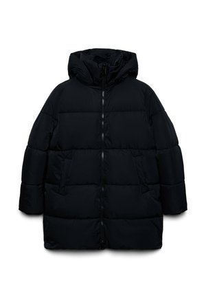 Manteau d'hiver noir matelassé avec capuche, fermeture éclair frontale et poches latérales, présenté à plat sur un fond blanc.