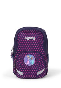 Zaino viola con motivi floreali rosa, dotato di una toppa rotonda a forma di personaggio. Include dettagli riflettenti e una tasca frontale con zip.
