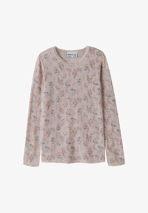 Chemise rose clair à manches longues avec un petit imprimé floral aux couleurs pastel et une délicate bordure en dentelle à l'encolure et aux poignets.