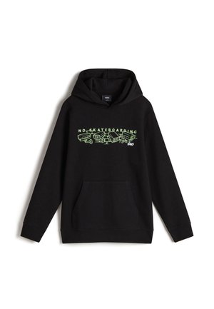 Schwarzer Hoodie aus Baumwollmischung mit einer vorderen Kängurutasche. Grafischer Text und Illustrationen in Neon-Grün mit der Aufschrift "KEIN SKATEBOARDING."