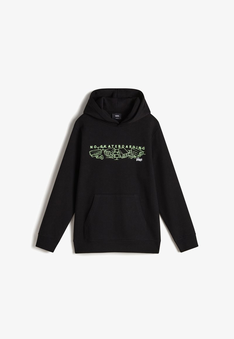 Svart huvtröja i bomullsblandning med en framficka i kängurustil. Grafisk text och illustrationer i neongrönt som säger "INGEN SKATEBORDNING."