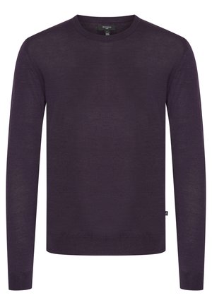 Paarse trui met lange mouwen, ronde halslijn en geribbelde manchetten. Gemaakt van lichtgewicht materiaal, met een subtiele gebreide textuur.