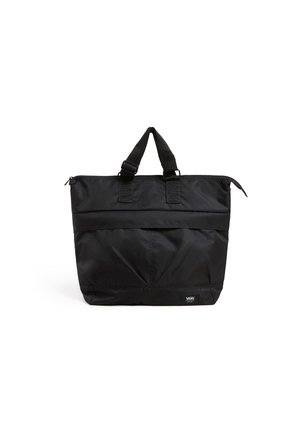 Sac tote noir Vans avec doubles poignées supérieures, fermeture éclair et petit patch logo près du bas sur fond blanc.
