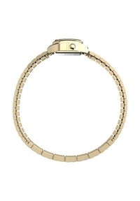 Bracciale in metallo dorato con design a catena visto di lato, con una cassa tondeggiante e un corona su uno sfondo bianco.