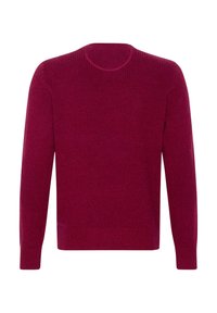 Roter Pullover mit langen Ärmeln, Rundhalsausschnitt und geripptem Struktur entlang der Schultern und Ärmel. Glatte Textur des Körpers.