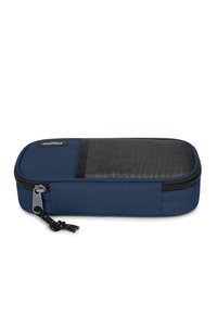 Tmavě modrý úložný box s černou síťovanou panelou, zipovým uzávěrem a malým závěsným očkem. Vyrobeno z odolné tkaniny s obdélníkovým tvarem.