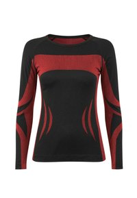 Long-sleeve athletic top in black and red. Features a fitted design with ribbed texture and angular red accents along the shoulders and sides.