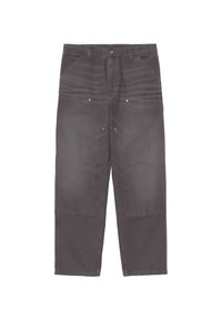 Pantaloni grigi a vita alta in misto cotone con tasche frontali e cuciture dettagliate. Vestibilità rilassata e design a gamba dritta.