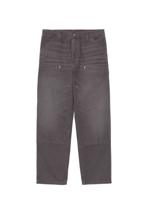 Pantaloni grigi a vita alta in misto cotone con tasche frontali e cuciture dettagliate. Vestibilità rilassata e design a gamba dritta.