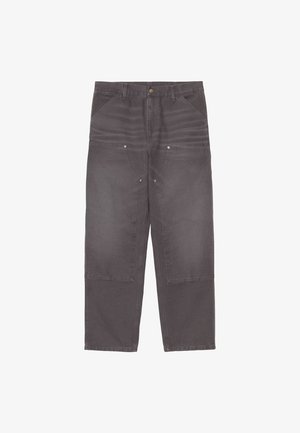 Pantaloni grigi a vita alta in misto cotone con tasche frontali e cuciture dettagliate. Vestibilità rilassata e design a gamba dritta.