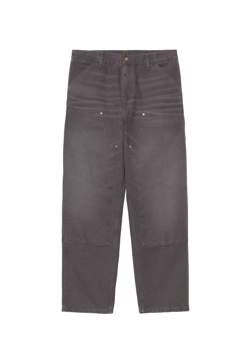 Pantaloni grigi a vita alta in misto cotone con tasche frontali e cuciture dettagliate. Vestibilità rilassata e design a gamba dritta.