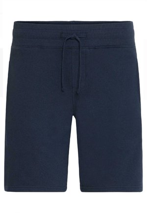 Navy blue shorts made of soft fabric with an elastic waistband and drawstring. Features a smooth texture and classic design.