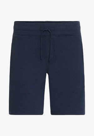 Navy blue shorts made of soft fabric with an elastic waistband and drawstring. Features a smooth texture and classic design.