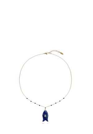 Gold chain necklace with small blue beads and a fish-shaped blue stone pendant featuring a central turquoise detail.