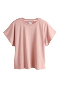 T-shirt en coton rose clair à manches courtes, col rond et coupe décontractée, présenté sur fond blanc.