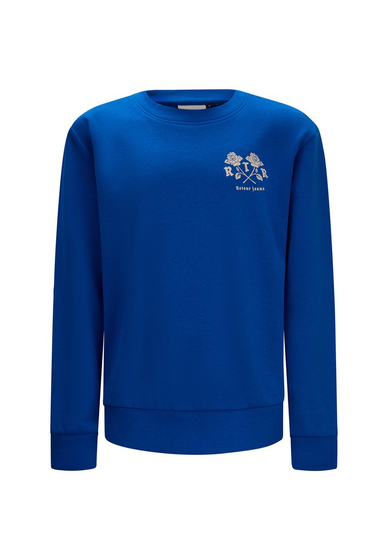 Felpa blu realizzata in un tessuto morbido, con maniche lunghe, scollatura rotonda e piccolo design grafico sul petto.