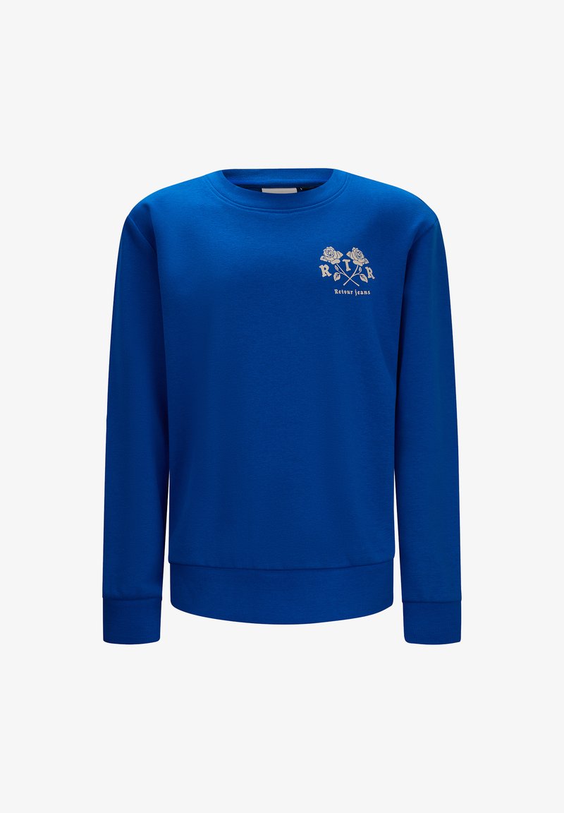 Felpa blu realizzata in un tessuto morbido, con maniche lunghe, scollatura rotonda e piccolo design grafico sul petto.