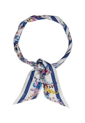 Silk scarf with blue and white stripes, floral patterns in pink, yellow, and blue, loosely knotted in a loop.