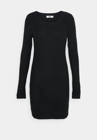 Robe noire en tricot avec manches longues, encolure dégagée et motif côtelé texturé. Silhouette droite d'une longueur mi-cuisse.