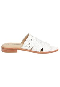 Sandales à glissière en cuir tissé blanc, avec un bout ouvert et un petit talon en bois, ornées de découpes sur la tige.