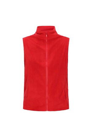 Punainen fleeceliivi korkean kauluksen, etuvetoketjun ja hihattoman muotoilun kanssa. Silkkinen texture, tasainen väri ilman kuvioita tai koristeita.