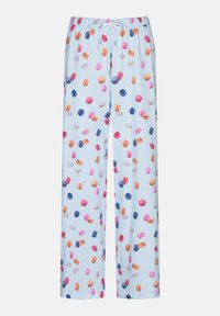 Lichtblauwe pyjamabroek met gestreept patroon, met kleurrijke macarons in pink, oranje, blauw en paars. Elastische tailleband.