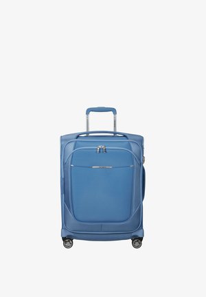 Blauer Hartschalenkoffer mit glatter Textur, ausziehbarem Griff und vier Spinner-Rädern. Verfügt über eine vordere Reißverschlusstasche und ein Logo-Detail.