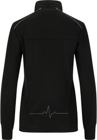 Zwarte sportjacket met hoge kraag, lange mouwen, inzetstukken van gaas, reflecterende piping en een hartslaglijn-grafiek op de onderrug.