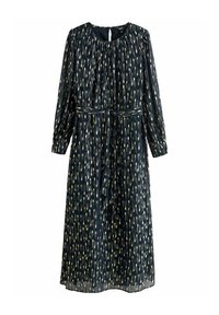 Navy long-sleeve dress with gold abstract pattern, elasticized waist, gathered neckline, and a self-tie belt. Sheer fabric with a smooth texture.