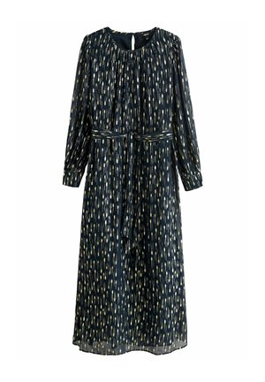 Navy long-sleeve dress with gold abstract pattern, elasticized waist, gathered neckline, and a self-tie belt. Sheer fabric with a smooth texture.