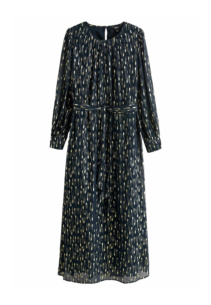 Navy long-sleeve dress with gold abstract pattern, elasticized waist, gathered neckline, and a self-tie belt. Sheer fabric with a smooth texture.