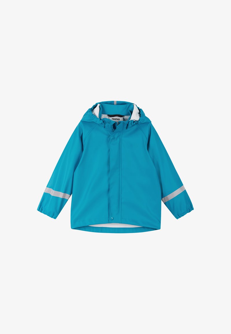 Child's blue waterproof jacket with hood, elastic cuffs, front buttons, and reflective stripes on sleeves.