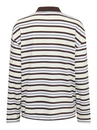 Polo à manches longues avec des rayures horizontales marron et bleu clair, en coton doux, col uni marron, coupe décontractée.