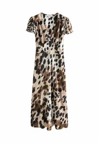 Leopardmönstrad klänning med V-ringning, korta puffärmar och midjeinbinding. Tillverkad av lätt tyg i jordnära toner av beige, brunt och svart.