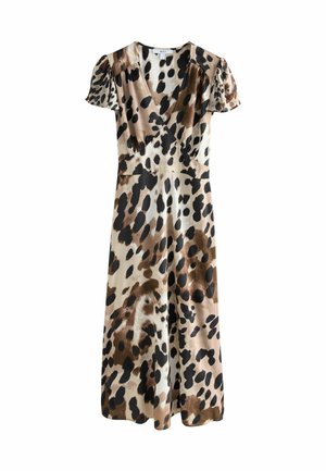 Abito in stampa leopardata con scollo a V, maniche a puff corte e vita cintrata. Realizzato in tessuto leggero nei toni terrosi del beige, marrone e nero.