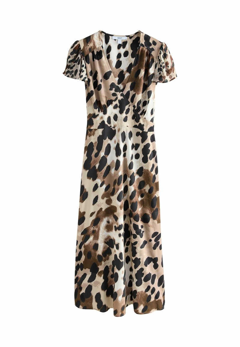 Luipaardprint jurk met een V-hals, korte pofmouwen en een strakke taille. Gemaakt van lichte stof in aardetinten van beige, bruin en zwart.