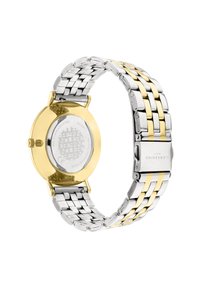 Silberne und goldene Edelstahl Uhr mit rundem Gehäuse, Gliederarmband und strukturiertem goldenen Lünette; verfügt über einen wasserresistenten Rücken.