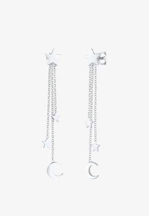 Sølvøreringe med charms i stjerne og halvmåne, med hængende kæder og poleret finish. Designet inkluderer flere stjernemotiver.