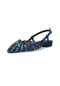 Décolleté blu navy con cinturino alla caviglia, decorati con un design di perline a righe multicolori. Presentano un tacco basso a blocco e una punta appuntita.