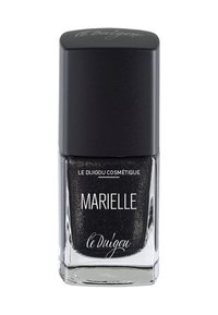 Smalto per unghie nero in una bottiglia di vetro quadrata con una finitura glitter argentata. Presenta un tappo nero con testo del marchio in rilievo.