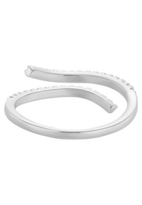 Vriddet sølv ring med en glatt overflate, som har en teksturert kant for grep. Moderne, åpen design med en elegant form.