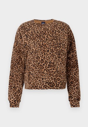 Sweatshirt à motif léopard dans des tons de marron et de noir. Fabriqué en tissu doux, il possède un col rond et des manches longues avec des poignets côtelés.