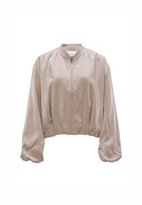 Veste bomber en satin beige clair avec taille élastique, manches longues bouffantes et fermeture éclair devant.