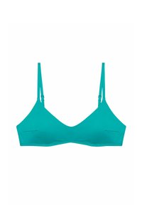 Bralette turchese con spalline sottili regolabili; tessuto liscio e elasticizzato; design a v; senza imbottitura; versatile per essere indossato a strati.