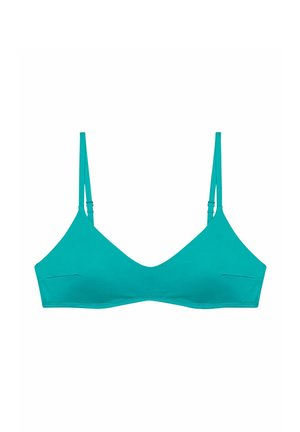 Bralette turchese con spalline sottili regolabili; tessuto liscio e elasticizzato; design a v; senza imbottitura; versatile per essere indossato a strati.